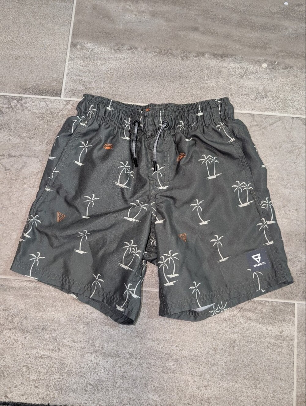 Brunotti Boys 10 Slate Green White Oeange Palm-Print Swim Trunks Mesh Lined